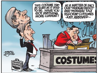 Justin Trudeau searches for a scarier Halloween costume. (Cartoon by Malcolm Mayes)