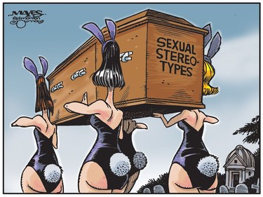 Outdated Playboy sexual stereotypes go to the grave with Hugh Hefner. (Cartoon by Malcolm Mayes)