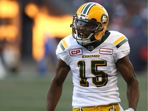 Edmonton Eskimos receiver Vidal Hazelton is fired up after a catch against the Winnipeg Blue Bombers during CFL action in Winnipeg on Aug. 17, 2017.