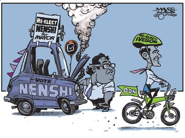 Don Iveson coasts to election victory as Naheed Neshi has car trouble. (Cartoon by Malcolm Mayes)