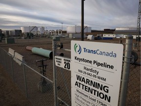 TransCanada's Keystone pipeline facilities are seen in Hardisty, Alta., on Friday, Nov. 6, 2015. TransCanada Corp. says its Keystone pipeline has leaked an estimated 795,000 litres of oil in Marshall County, S.D. The company says its crews shut down the pipeline early this morning after detecting a drop in pressure and are assessing the situation. THE CANADIAN PRESS/Jeff McIntosh ORG XMIT: CPT133

EDS NOTE A FILE PHOTO
Jeff McIntosh,