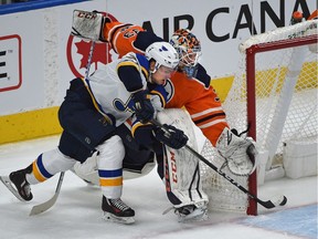 A miscue by Edmonton Oilers goalie Cam Talbot (33) caused St. Louis Blues Vladimir Sobotka to score during NHL action at Rogers Place in Edmonton, November 16, 2017.