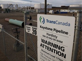 TransCanada's Keystone pipeline facilities are seen in Hardisty, Alta., on Friday, Nov. 6, 2015. TransCanada Corp. says its Keystone pipeline has leaked an estimated 795,000 litres of oil in Marshall County, S.D. The company says its crews shut down the pipeline early this morning after detecting a drop in pressure and are assessing the situation. THE CANADIAN PRESS/Jeff McIntosh ORG XMIT: CPT133 EDS NOTE A FILE PHOTO Jeff McIntosh,