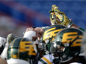 Edmonton Eskimos during warm-up before playing the Calgary Stampeders in CFL Western Final action at McMahon Stadium in Calgary, Alta.. on Sunday Nov. 19, 2017.