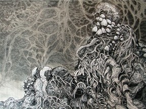 This ink on mylar drawing by Ryan Wolters is one of the artworks up for grabs at Latitude 53's Schmoozy Saturday night.