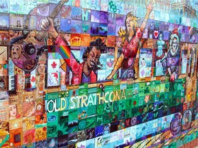 Almost 900 individually painted tiles make up this Canada Mosaic Mural public art on the corner of Whyte and Calgary Trail.