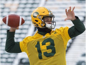 Quarterback Mike Reilly takes part in an Edmonton Eskimos' team practice at Commonwealth Stadium, in Edmonton Wednesday Nov. 8, 2017.