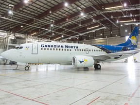 A Canadian North airline Boeing 737-300 in the company's main Edmonton hangar bay.