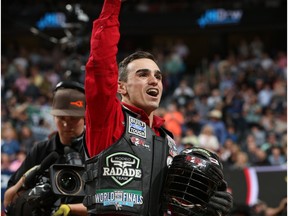 Jose Vitor Leme rides Jared Allen's Pro Bull Team's Magic Train for 94.5 during the fifth round of the Built Ford Tough series PBR World Finals.