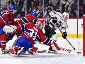 Goaltender Carey Price #31 of the Montreal Canadiens stretches out the stick to make a save on Michael Cammalleri #14 of the Los Angeles Kings during the NHL game at the Bell Centre on Oct. 26, 2017 in Montreal.