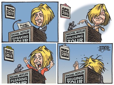 Rachel Notley embarks on increasingly desperate cross-Canada tours. (Cartoon by Malcolm Mayes)