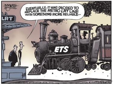 Edmonton's Metro LRT Line is replaced with something more reliable. (cartoon by Malcolm Mayes)