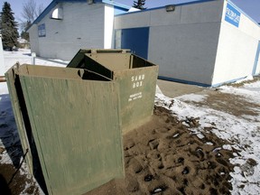 City of Edmonton supplied free sand boxes sit outside Fulton Place Community League. File photo.