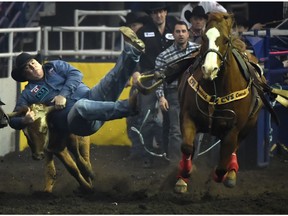 Straws Milan, from Cochrane, AB competes in the steer wrestling event during the 44th Canadian Finals Rodeo at Northlands Coliseum in Edmonton, November 8, 2017.