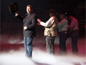 Tim Reid, president and chief executive officer of Northlands, is honoured on the final day of the Canadian Finals Rodeo on Sunday, Nov. 12, 2017, in Edmonton.