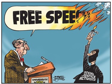 Social justice activists burn down free speech at universities. (Cartoon by Malcolm Mayes)