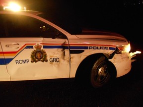 In two examples in two different jurisdictions, Alberta RCMP vehicles have been rammed by stolen vehicles where trucks were left with keys in the ignition. Alberta RCMP are warning people not to leave vehicles idling. RCMP handout/ photo supplied