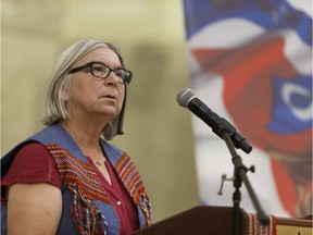 Audrey Poitras, president of the Métis Nation of Alberta, speaks during the Métis Week commemoration of the anniversary of Mr. Riel's execution in 1885 at the Alberta Legislature in Edmonton, Alberta on Wednesday, Nov.16, 2016. File photo.