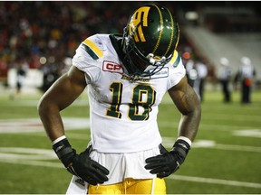 Edmonton Eskimos' Cory Watson reacts to losing to the Calgary Stampeders in the CFL West Final football game in Calgary, Sunday, Nov. 19, 2017.