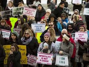 United Infertility Edmonton and its supporters, in solidarity with the Alberta Union of Provincial Employees and Friends of Medicare, hold a rally on Thursday, Nov. 30, 2017 at the Alberta legislature in Edmonton. The participants were there to protest a decision by Alberta Health Services to discontinue non-insured fertility services at the Regional Fertility and Women's Endocrine Clinic at the Royal Alexandra Hospital.