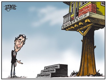 Justin Trudeau's National Housing Strategy comes up short for those seeking home ownership. (Cartoon by Malcolm Mayes)