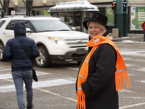 Irene Dixon of Reflective Advantage poses with her pedestrian-friendly high visibility products in Edmonton, Alberta on Thursday, November 2, 2017.