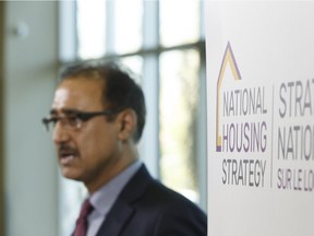 Federal Infrastructure and Communities Minister Amarjeet Sohi announces the federal government's new national housing strategy during a press conference at Boyle Street Plaza in Edmonton on Friday, Nov. 24, 2017.