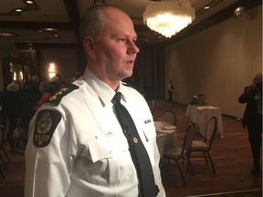 Edmonton Police Service deputy chief Kevin Brezinski speaks to media at the Chateau Lacombe hotel in Edmonton on Monday Nov. 20. Two drug investigators were taken to hospital for monitoring after inadvertently touching a container that contained the deadly drug fentanyl, he said.