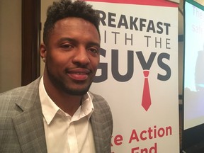CFL player Keon Raymond spoke about his experience growing up in a violent household at the 12th annual Breakfast with the Guys event in Edmonton on Nov. 22, 2017. The breakfast is a fundraiser for the Alberta Council of Women's Shelters (ACWS).