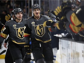 Vegas Golden Knights defenceman Luca Sbisa celebrates after scoring against the Winnipeg Jets during NHL action on Nov. 10, 2017, in Las Vegas.