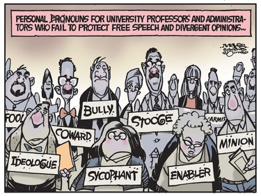 Personal nouns for university professors and administrators who fail to protect free speech. (Cartoon by Malcolm Mayes)