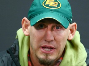 Edmonton Eskimos head coach Jason Maas answers a question during a media interview in Calgary on Saturday, November 18, 2017 in preparation for the CFL Western Final against the Calgary Stampeders.