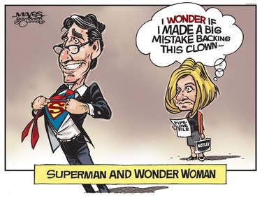 Rachel Notley wonders if 'Superman' Justin Trudeau will come through for her and Alberta's pipelines. (Cartoon by Malcolm Mayes)