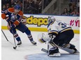Edmonton Oilers Leon Draisaitl (29) can't get a handle on the puck as he is unable to score on St. Louis Blues goalie Jake Allen (34) during second period NHL action on Thursday, October 20, 2016 in Edmonton.