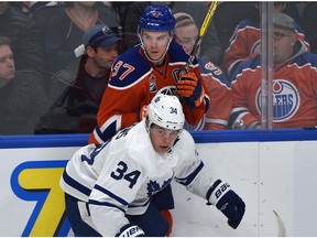 Edmonton Oilers Connor McDavid (97) Toronto Maple Leafs Auston Matthews (34) during first period NHL action at Rogers Place in Edmonton, Wednesday, November 29, 2016.