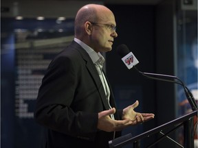 Edmonton Oilers general manager Peter Chiarelli speaks with the media at Rogers Place on November 28, 2017.