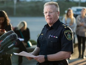 Abbotsford Police Chief Constable Bob Rich announces that an Abbostford Police officer died in hospital after being shot near Mt. Lehman Road and Fraser Highway in Abbotsford, B.C., on Monday November 6, 2017. THE CANADIAN PRESS/Ben Nelms ORG XMIT: VCRX110
Ben Nelms,