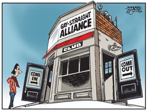 Student considers Gay-Straight Alliance club, but is worried about being outed. (Cartoon by Malcolm Mayes)
