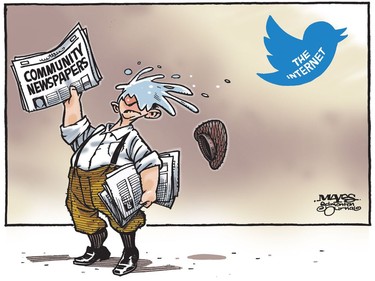 Twitter and the Internet help to take down community newspapers. (Cartoon by Malcolm Mayes)