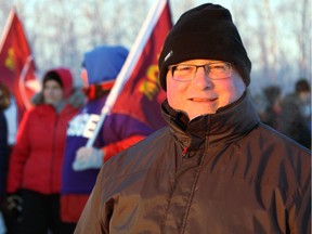 Stan Stapleton, national president of the Union of Solicitor General Employees (USGE) stands in front of delegates rallying at the Edmonton Institution at 21611 Meridian St. NW in Edmonton, Alta. on Thursday, Nov. 9, 2017. Ralliers were there to show support for local employees after reports of harassment, intimidation and bullying at the Edmonton Institution.