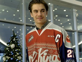 Edmonton Oil Kings captain Colton Kehler wears a special holiday-themed jersey that the players will wear during the home game on Dec. 2, 2017 against the Prince Albert Raiders. The jerseys will be auctioned off in a raffle and silent auction throughout the evening at the annual Teddy Bear Toss game in support of 630 CHED Santas Anonymous.