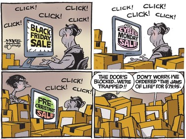 Cyber shopper gets carried away by big online sales. (Cartoon by Malcolm Mayes)