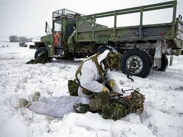 Soldiers participate in Exercise IRON RAM, a Canadian army field exercise of a simulated attack at Canadian Forces Base/Area Support Unit Wainwright on Friday Nov. 3, 2017.