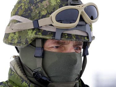 A soldier participating in Exercise IRON RAM, a Canadian army field exercise of a simulated attack at Canadian Forces Base/Area Support Unit Wainwright on Friday Nov. 3, 2017.