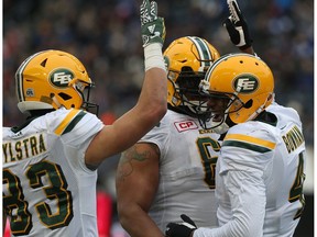 Edmonton Eskimos WR Adarius Bowman celebrates his touchdown catch against the Winnipeg Blue Bombers during the CFL West semi-final in Winnipeg on Sun., Nov. 12, 2017.