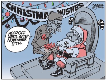 War veteran wishes Santa would hold off on Christmas commercialism until after November 11th. (Cartoon by Malcolm Mayes)