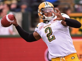 Edmonton Eskimos quarterback James Franklin (2) about to air out a pass against the Calgary Stampeders during a preseason CFL game at Commonwealth Stadium in Edmonton, June 11, 2017.