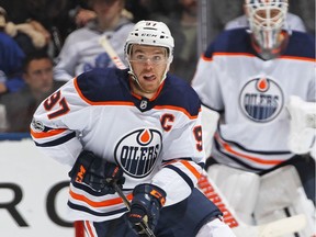 Connor McDavid #97 of the Edmonton Oilers heads up ice with the puck against the Toronto Maple Leafs during an NHL game at the Air Canada Centre on December 10, 2017 in Toronto, Ontario, Canada. The Maple Leafs defeated the Oilers 1-0.