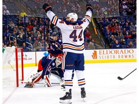 COLUMBUS, OH - DECEMBER 12: Zack Kassian #44 of the Edmonton Oilers celebrates after scoring a goal during the first period of the game against the Edmonton Oilers on December 12, 2017 at Nationwide Arena in Columbus, Ohio.