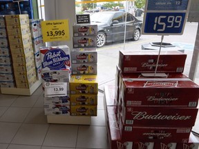 Beer is on display inside a store in Drummondville, Que. A hearing over a New Brunswick man's bid to bring beer home from Quebec continues in court this week. Gerard Comeau of Tracadie launched a constitutional challenge after he was charged with illegally importing alcohol into New Brunswick from neighbouring Quebec.